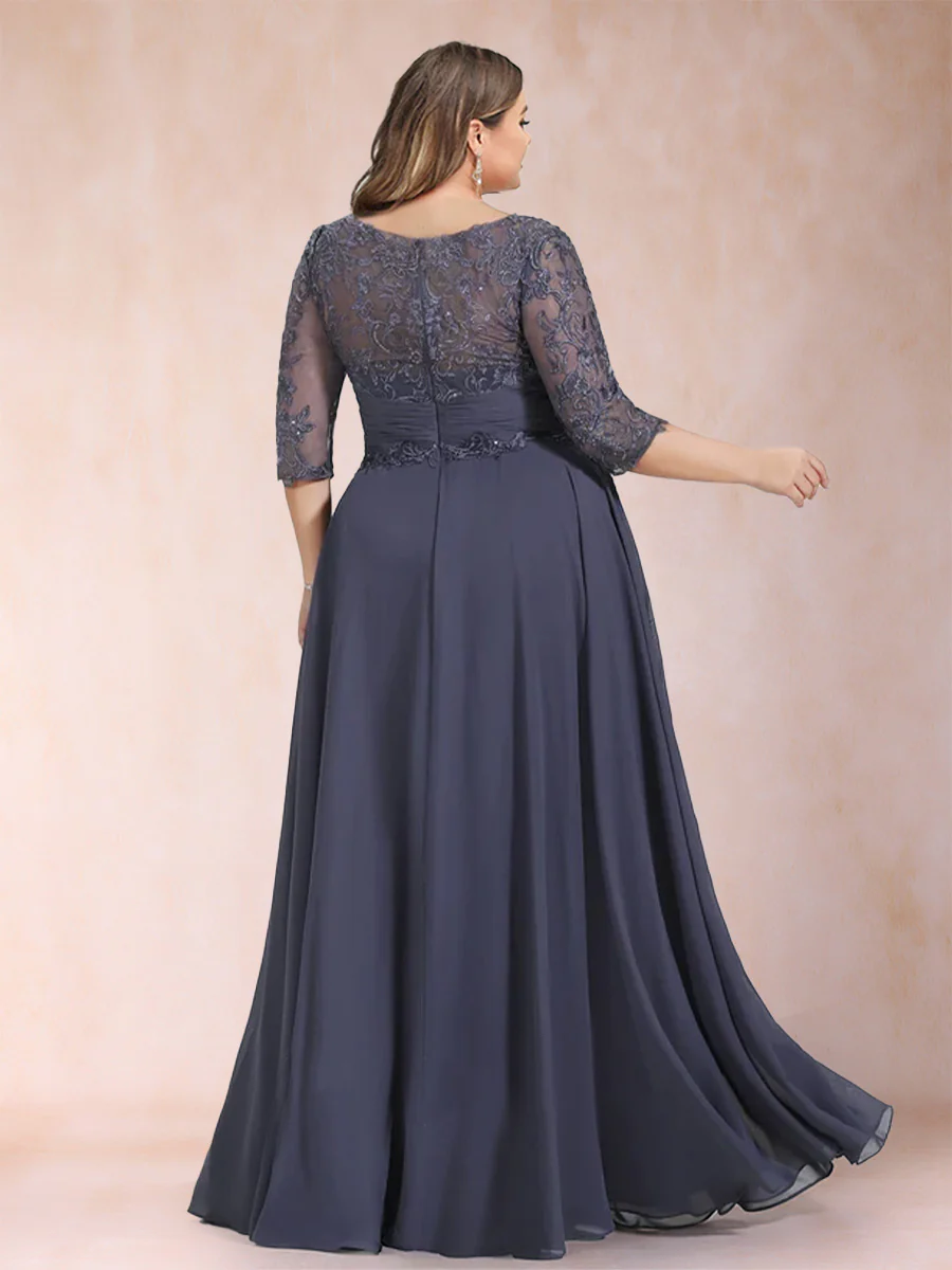 A-Line/Princess Floor-Length Half Sleeves Scoop Plus Size Mother of the Bride Dresses - Image 2