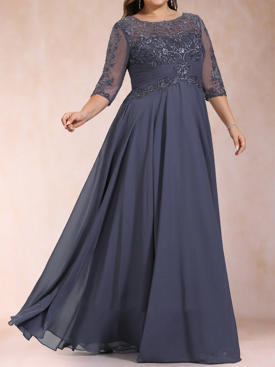 A-Line/Princess Floor-Length Half Sleeves Scoop Plus Size Mother of the Bride Dresses - Image 3