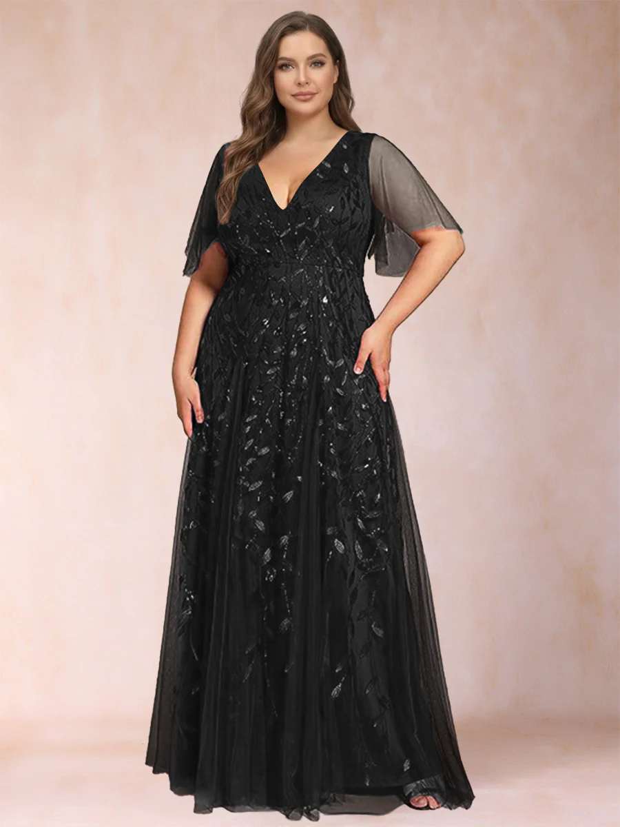 A-Line/Princess Floor-Length Half Sleeves V-Neck Plus Size Mother of the Bride Dresses - Image 5