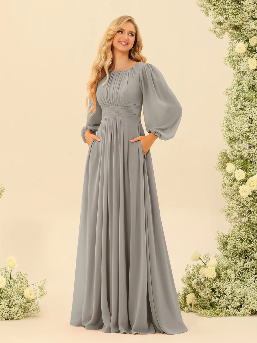 A-Line/Princess Floor-Length Long Sleeves Bridesmaid Dresses With Sash - Image 15