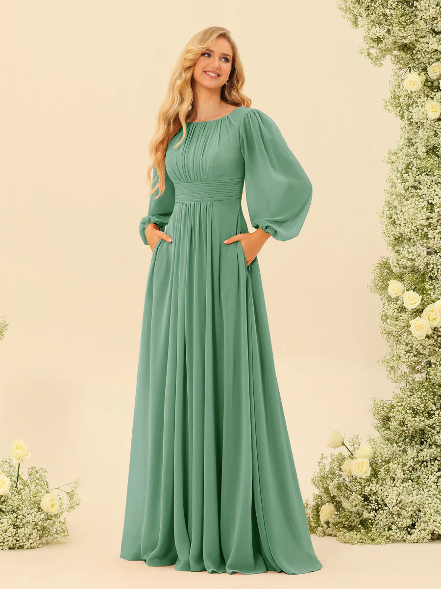 A-Line/Princess Floor-Length Long Sleeves Bridesmaid Dresses With Sash - Image 39