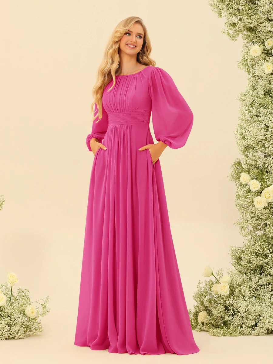 A-Line/Princess Floor-Length Long Sleeves Bridesmaid Dresses With Sash - Image 46