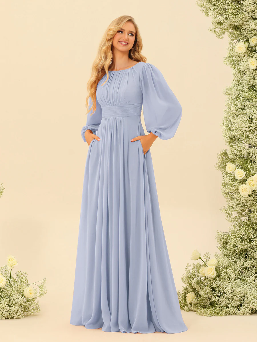 A-Line/Princess Floor-Length Long Sleeves Bridesmaid Dresses With Sash - Image 48