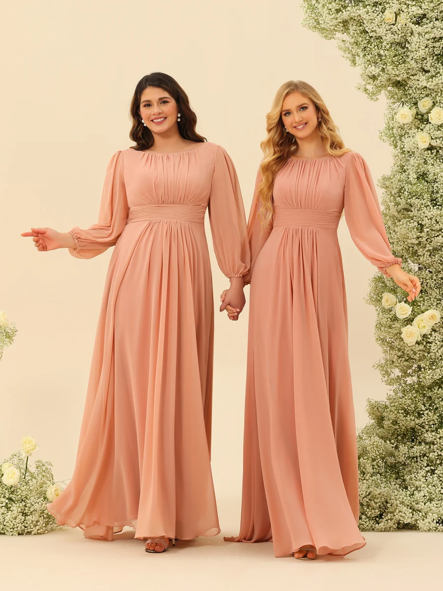 A-Line/Princess Floor-Length Long Sleeves Bridesmaid Dresses With Sash - Image 6