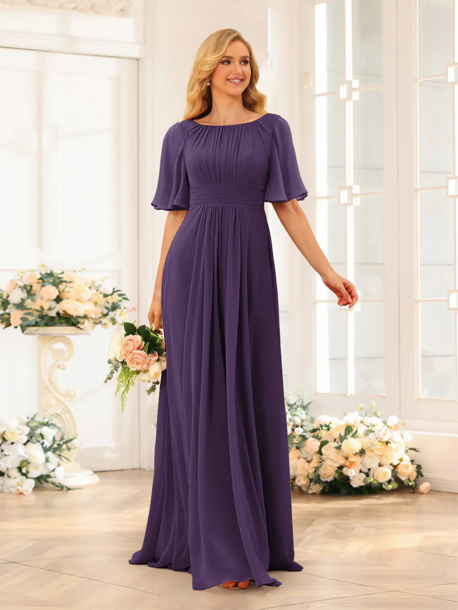A-Line/Princess Floor-Length Short Sleeves Bridesmaid Dresses with Sash - Image 24