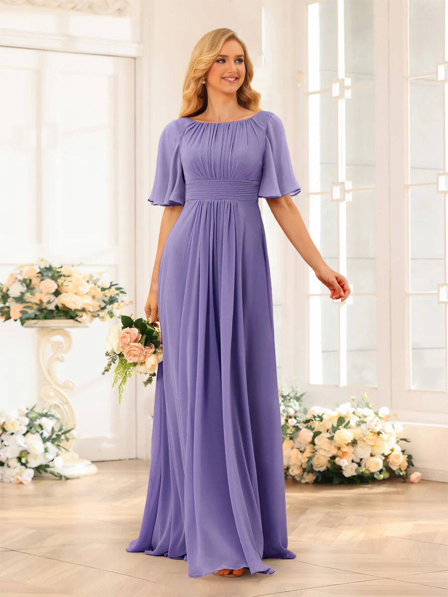A-Line/Princess Floor-Length Short Sleeves Bridesmaid Dresses with Sash - Image 34