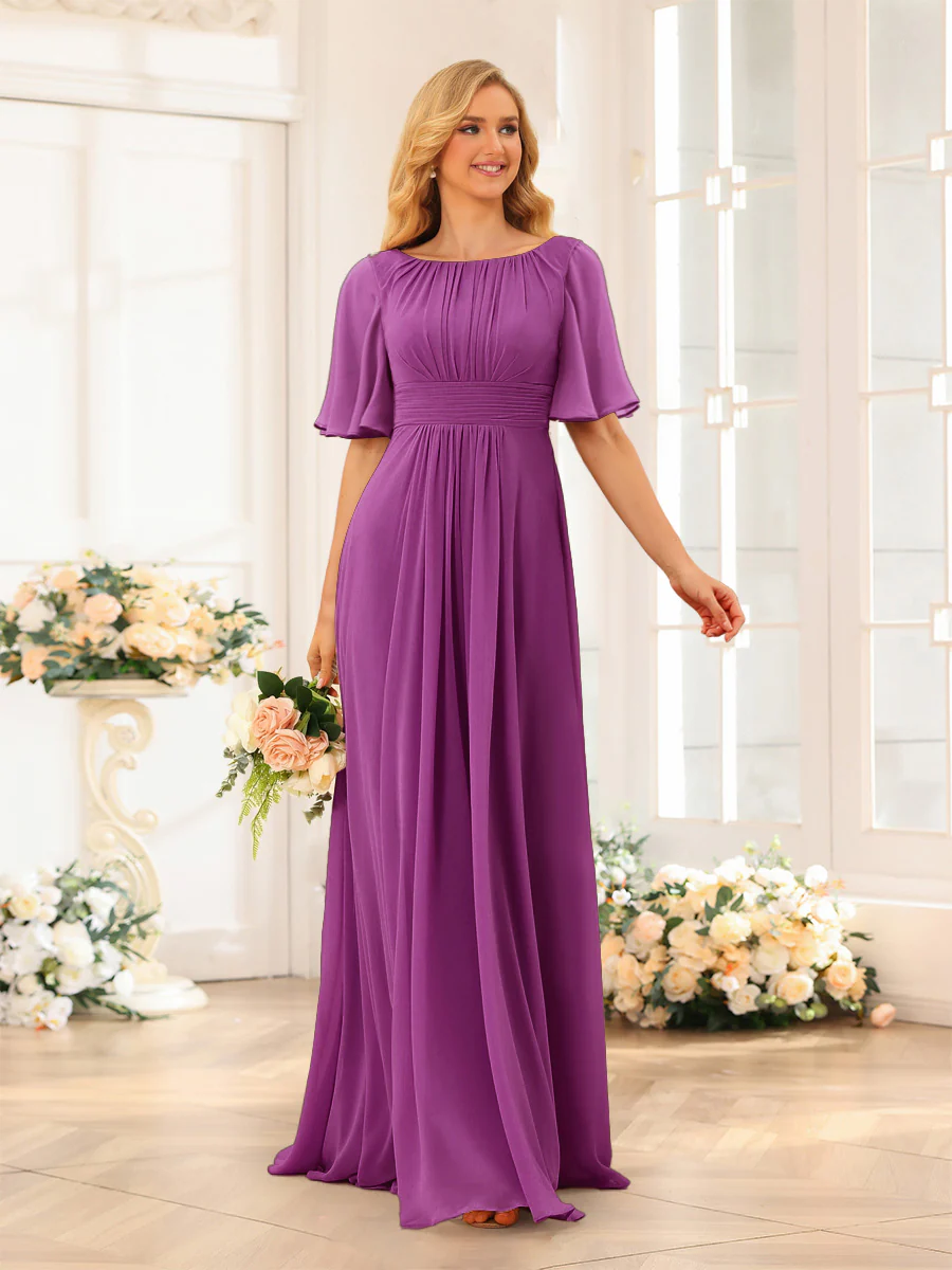 A-Line/Princess Floor-Length Short Sleeves Bridesmaid Dresses with Sash - Image 48