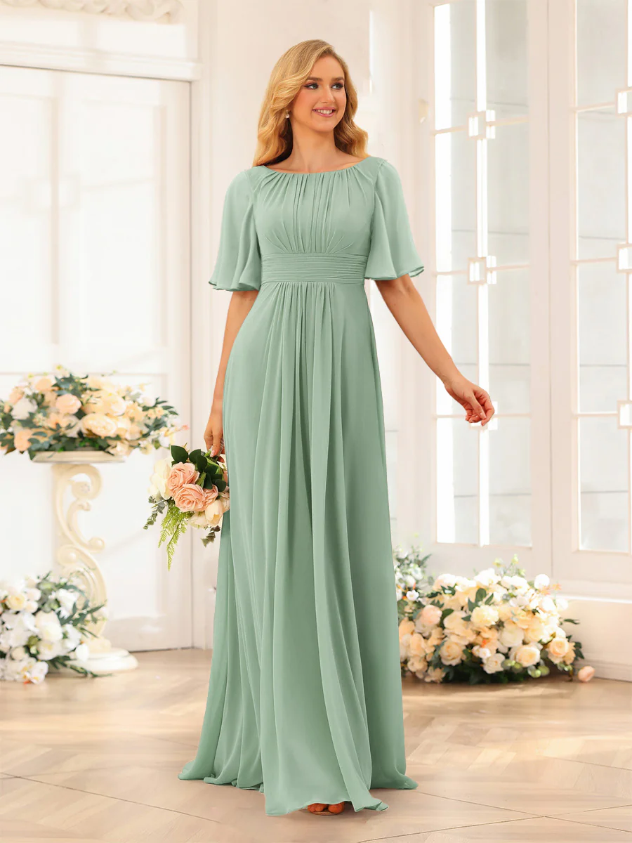 A-Line/Princess Floor-Length Short Sleeves Bridesmaid Dresses with Sash - Image 58