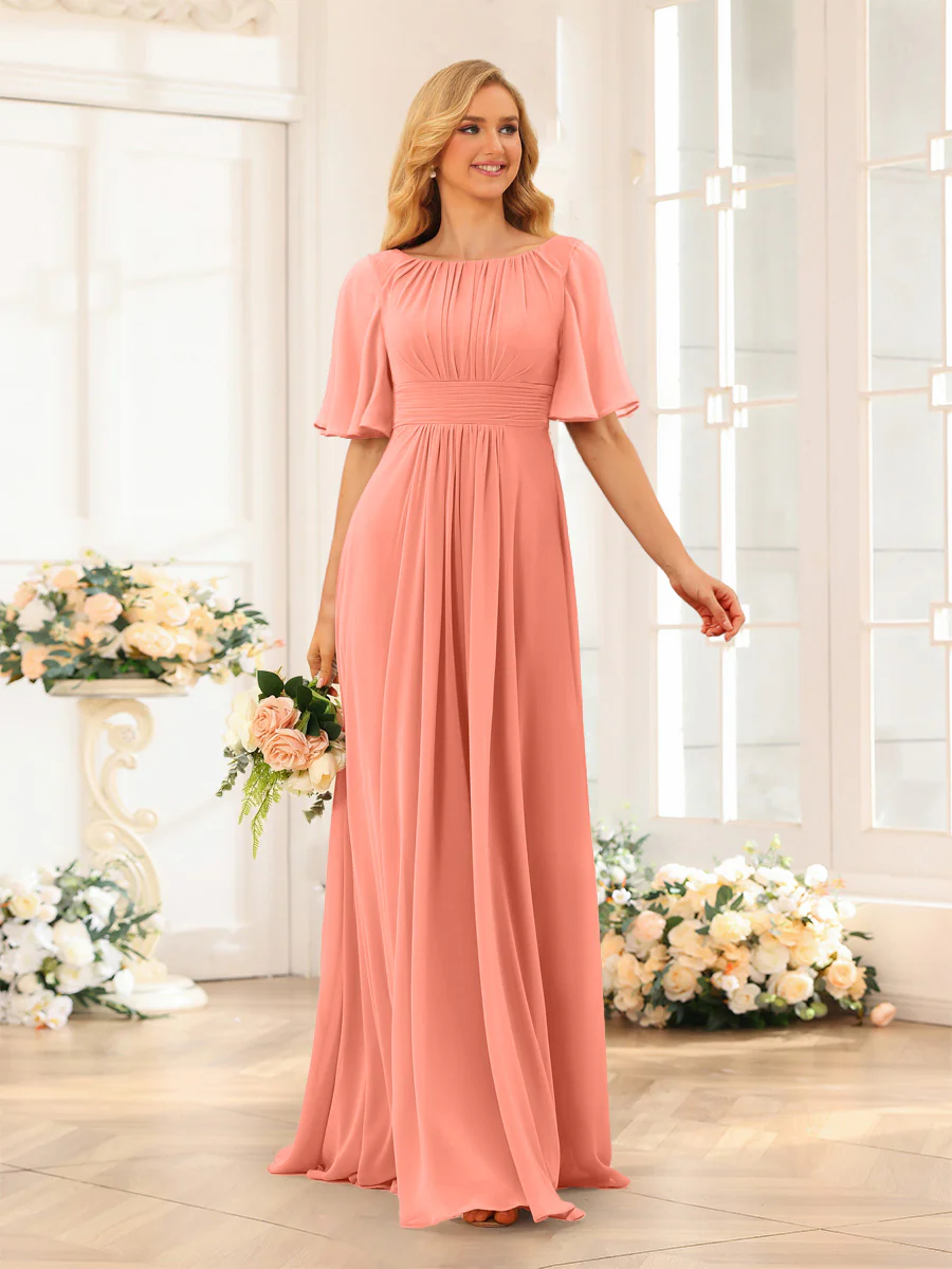 A-Line/Princess Floor-Length Short Sleeves Bridesmaid Dresses with Sash - Image 59