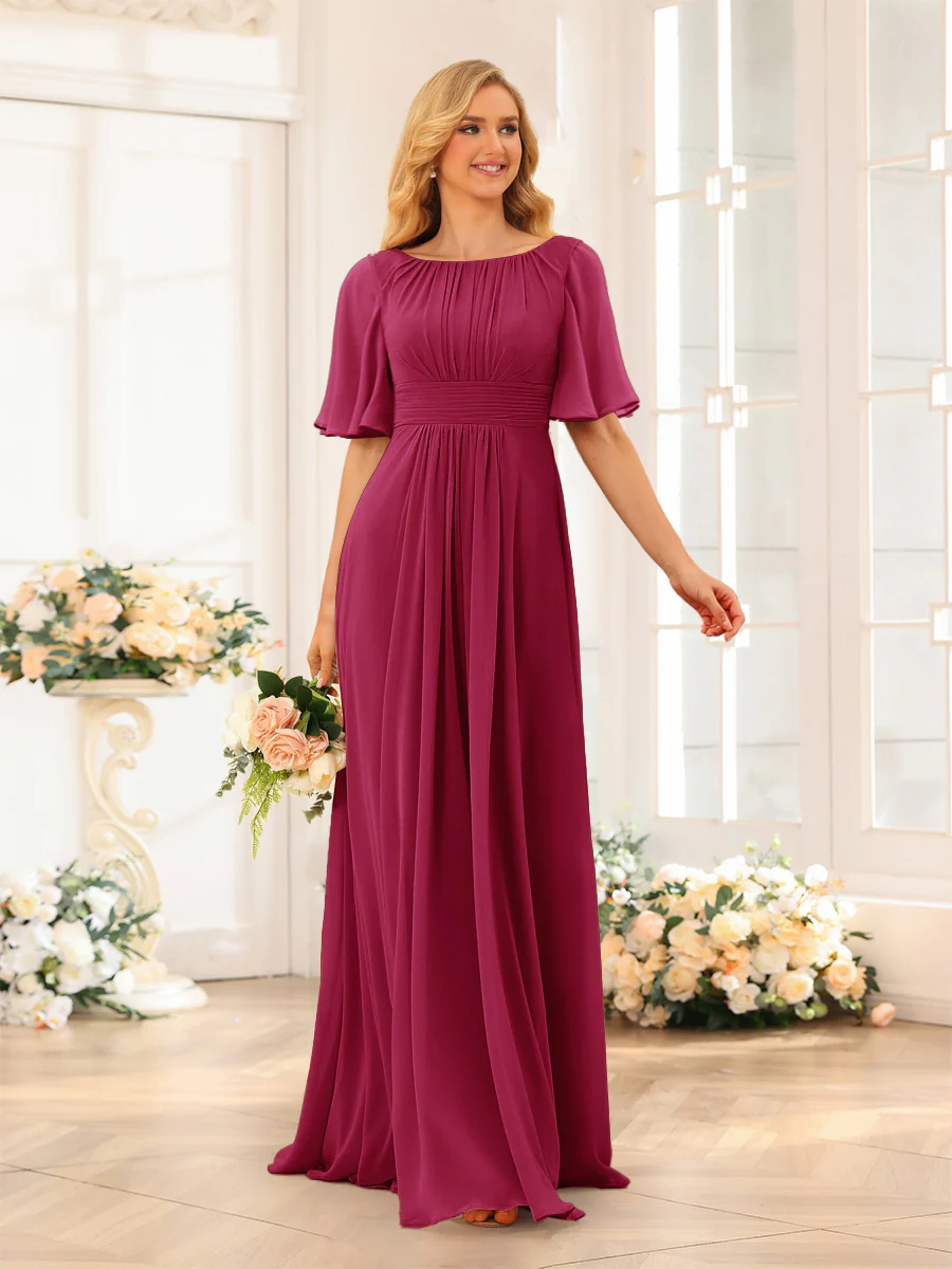 A-Line/Princess Floor-Length Short Sleeves Bridesmaid Dresses with Sash - Image 70