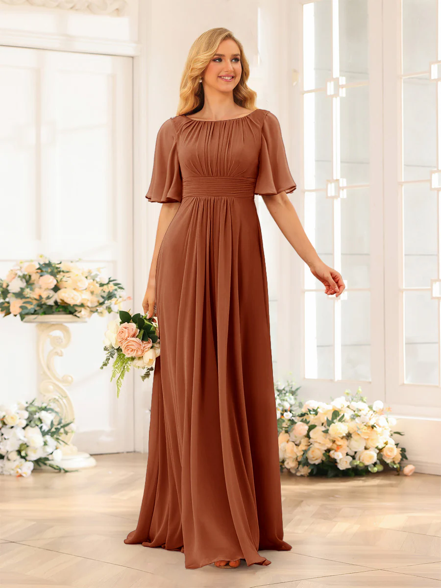 A-Line/Princess Floor-Length Short Sleeves Bridesmaid Dresses with Sash - Image 8