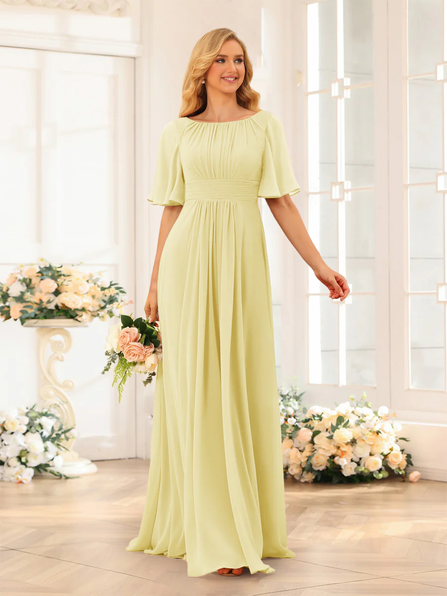 A-Line/Princess Floor-Length Short Sleeves Bridesmaid Dresses with Sash - Image 9