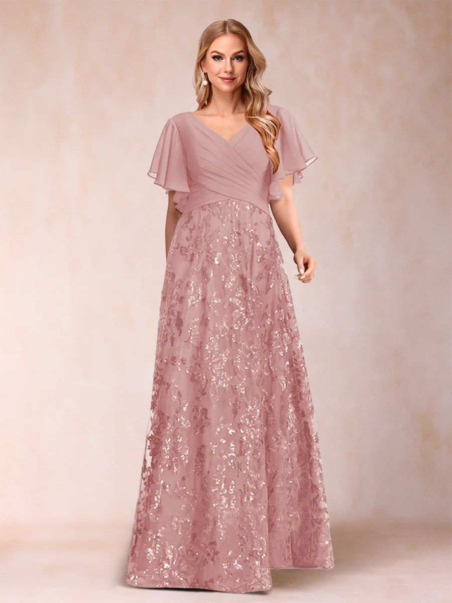 A-Line/Princess Floor-Length Short Sleeves V-Neck Mother of the Bride Dresses - Image 19