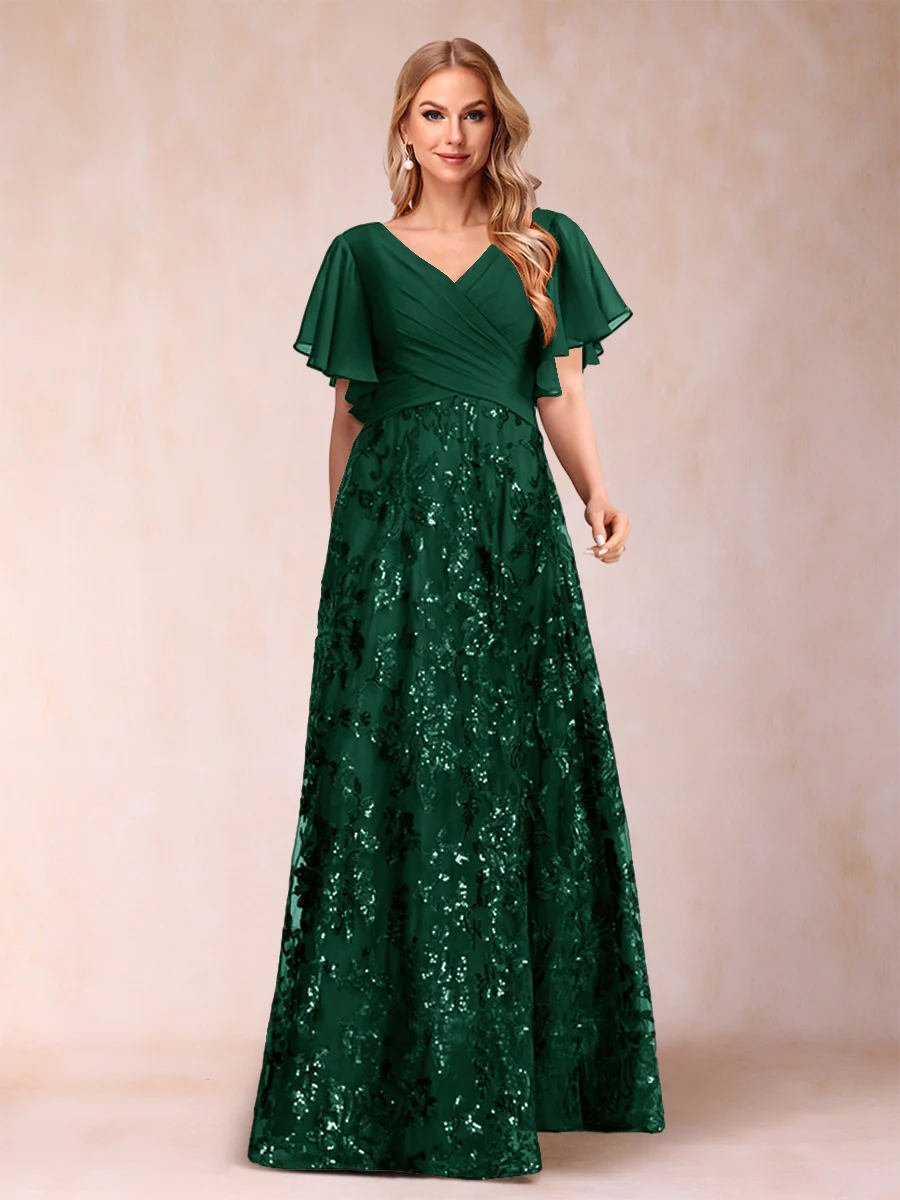 A-Line/Princess Floor-Length Short Sleeves V-Neck Mother of the Bride Dresses - Image 21
