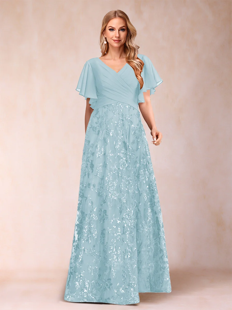 A-Line/Princess Floor-Length Short Sleeves V-Neck Mother of the Bride Dresses - Image 28