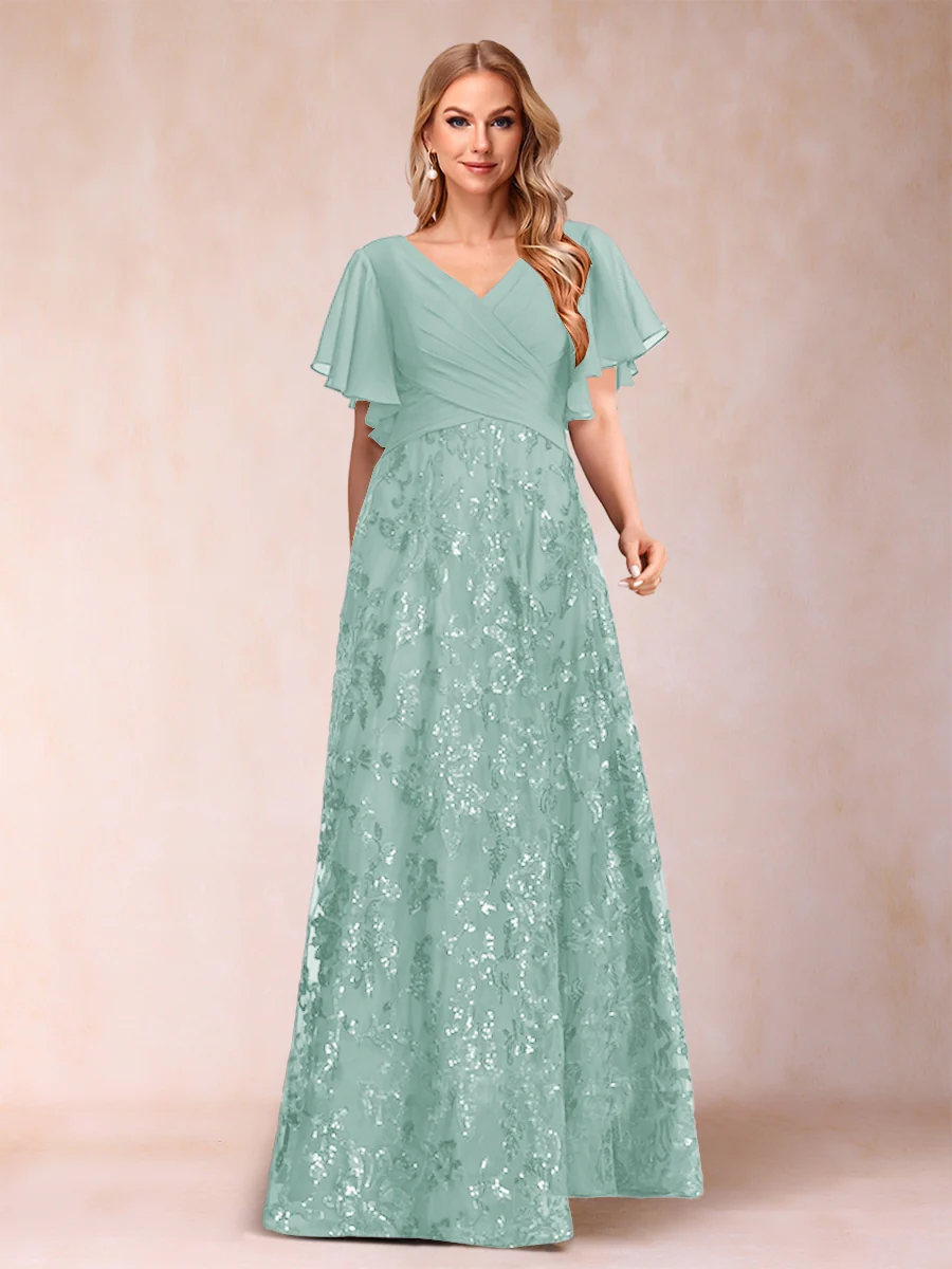 A-Line/Princess Floor-Length Short Sleeves V-Neck Mother of the Bride Dresses - Image 34