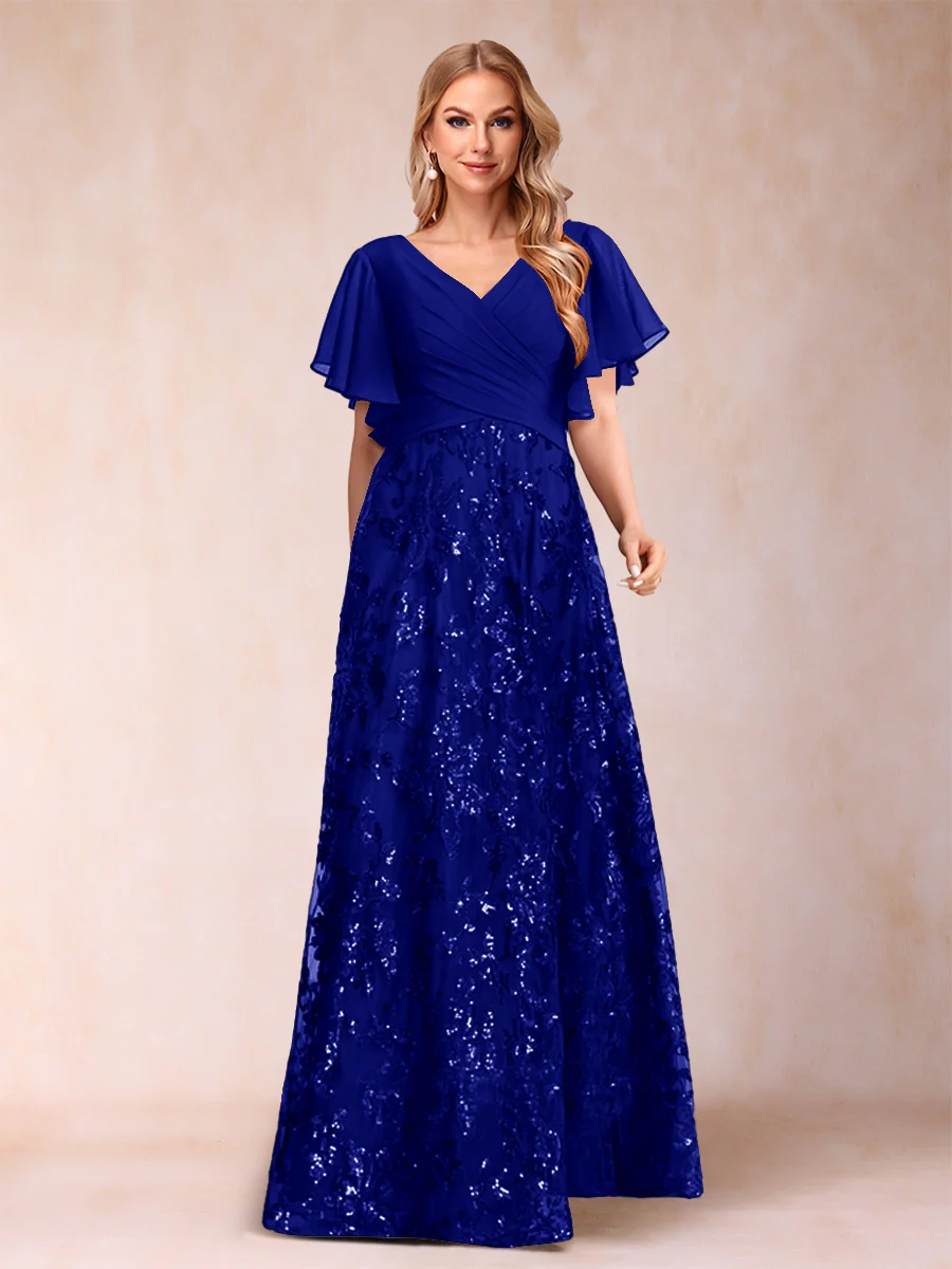 A-Line/Princess Floor-Length Short Sleeves V-Neck Mother of the Bride Dresses - Image 38