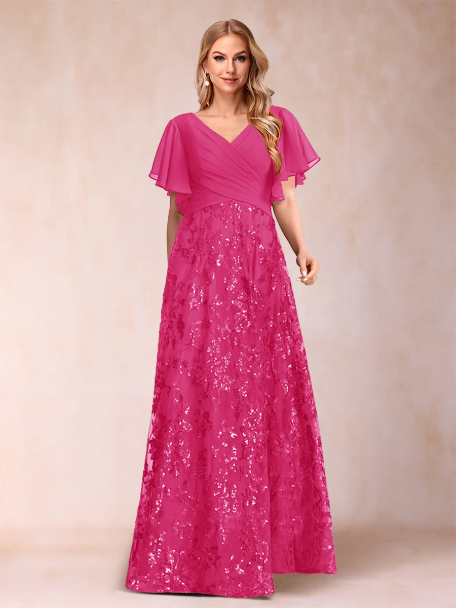 A-Line/Princess Floor-Length Short Sleeves V-Neck Mother of the Bride Dresses - Image 48
