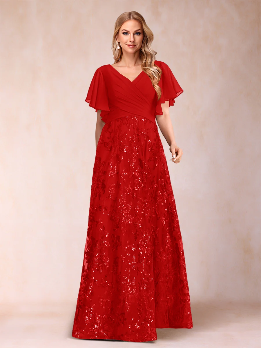 A-Line/Princess Floor-Length Short Sleeves V-Neck Mother of the Bride Dresses - Image 62