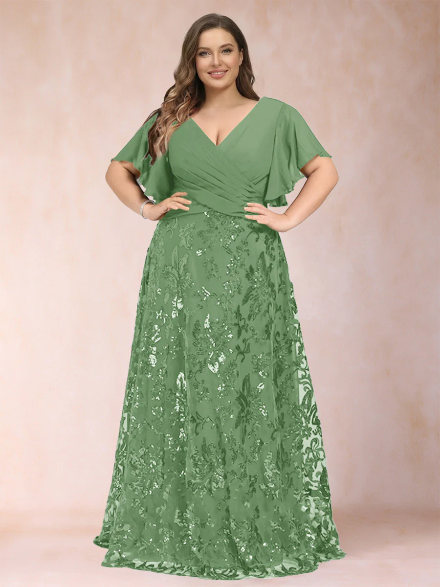 A-Line/Princess Floor-Length Short Sleeves V-Neck Plus Size Mother of the Bride Dresses - Image 19