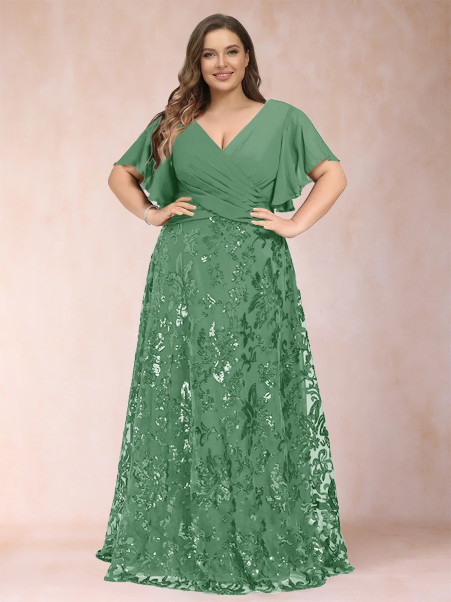 A-Line/Princess Floor-Length Short Sleeves V-Neck Plus Size Mother of the Bride Dresses - Image 21