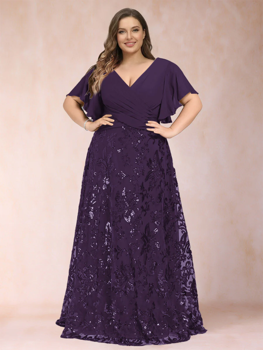 A-Line/Princess Floor-Length Short Sleeves V-Neck Plus Size Mother of the Bride Dresses - Image 25
