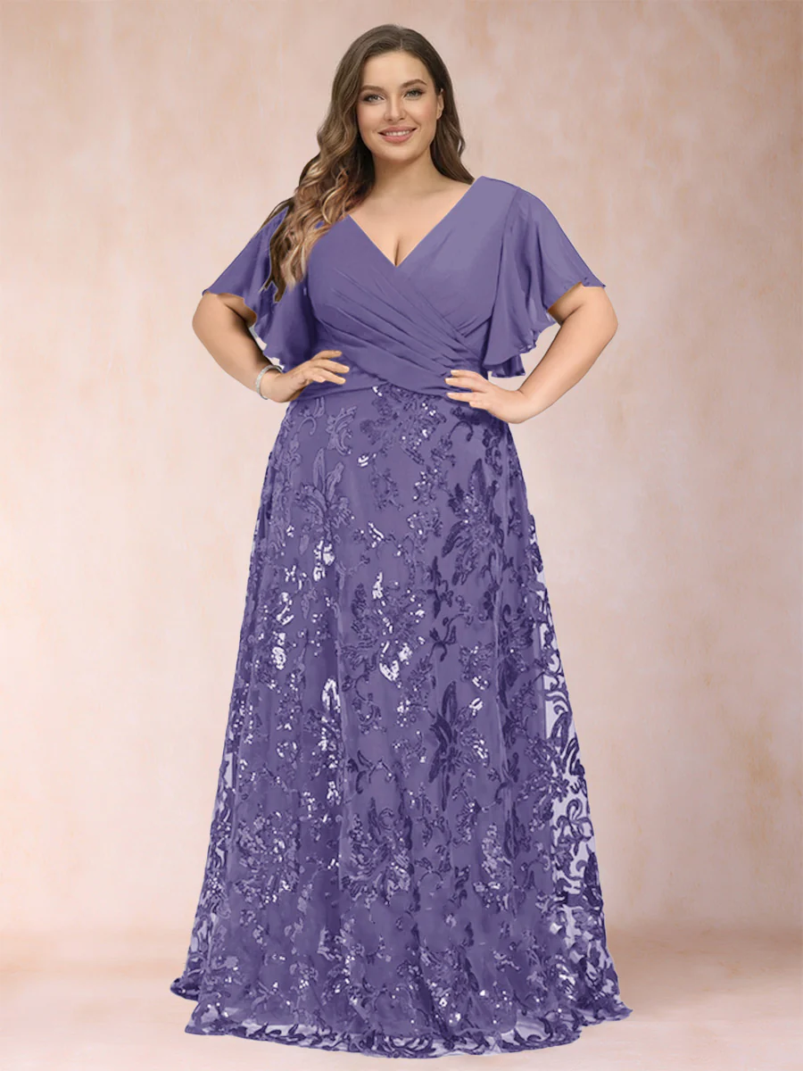 A-Line/Princess Floor-Length Short Sleeves V-Neck Plus Size Mother of the Bride Dresses - Image 35