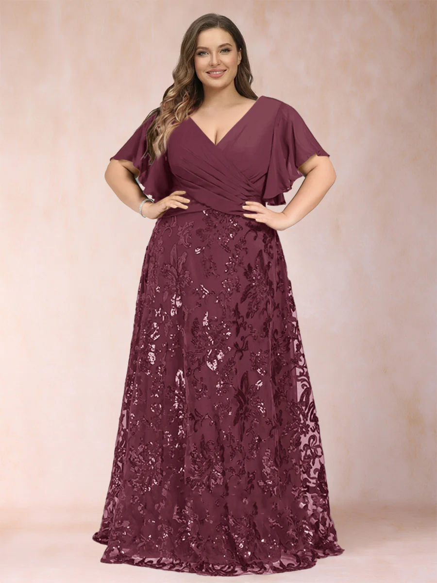 A-Line/Princess Floor-Length Short Sleeves V-Neck Plus Size Mother of the Bride Dresses - Image 42