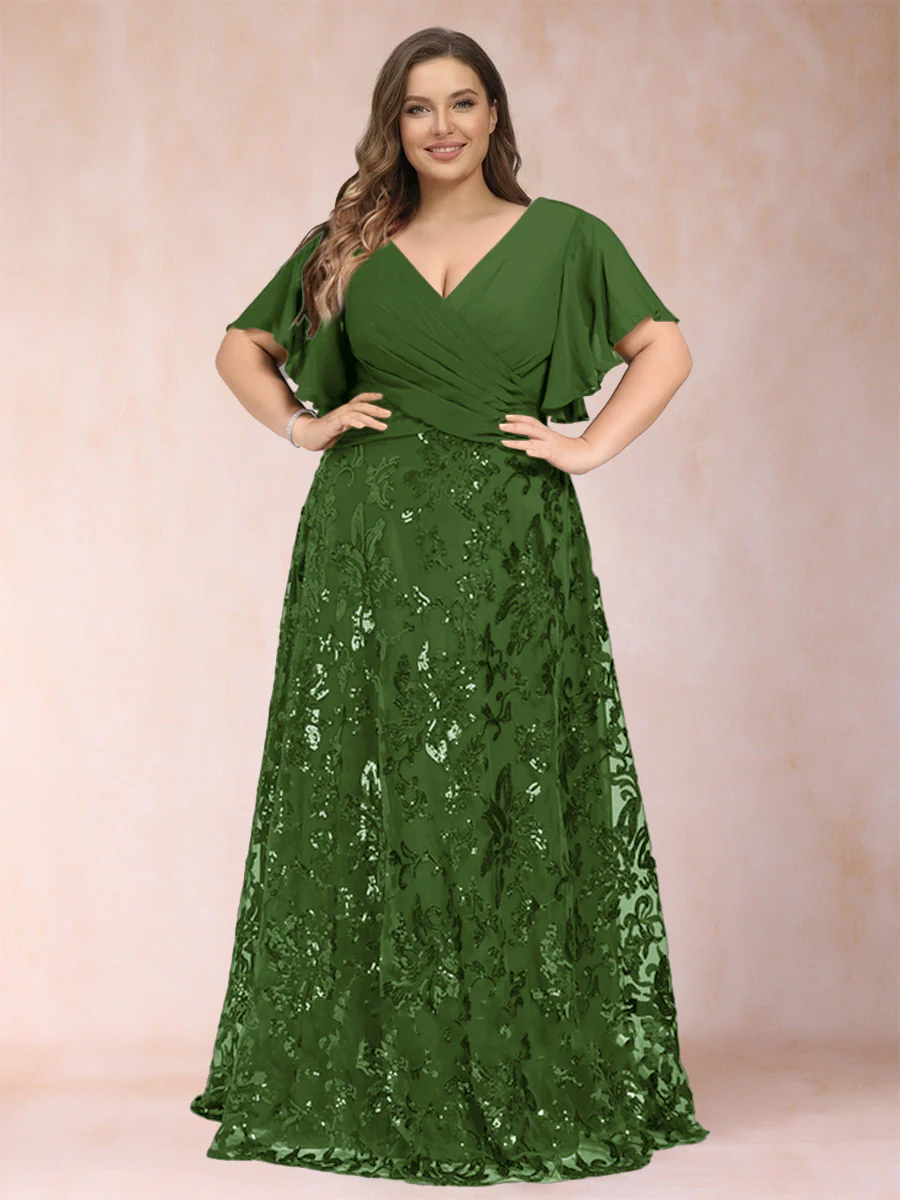 A-Line/Princess Floor-Length Short Sleeves V-Neck Plus Size Mother of the Bride Dresses - Image 46