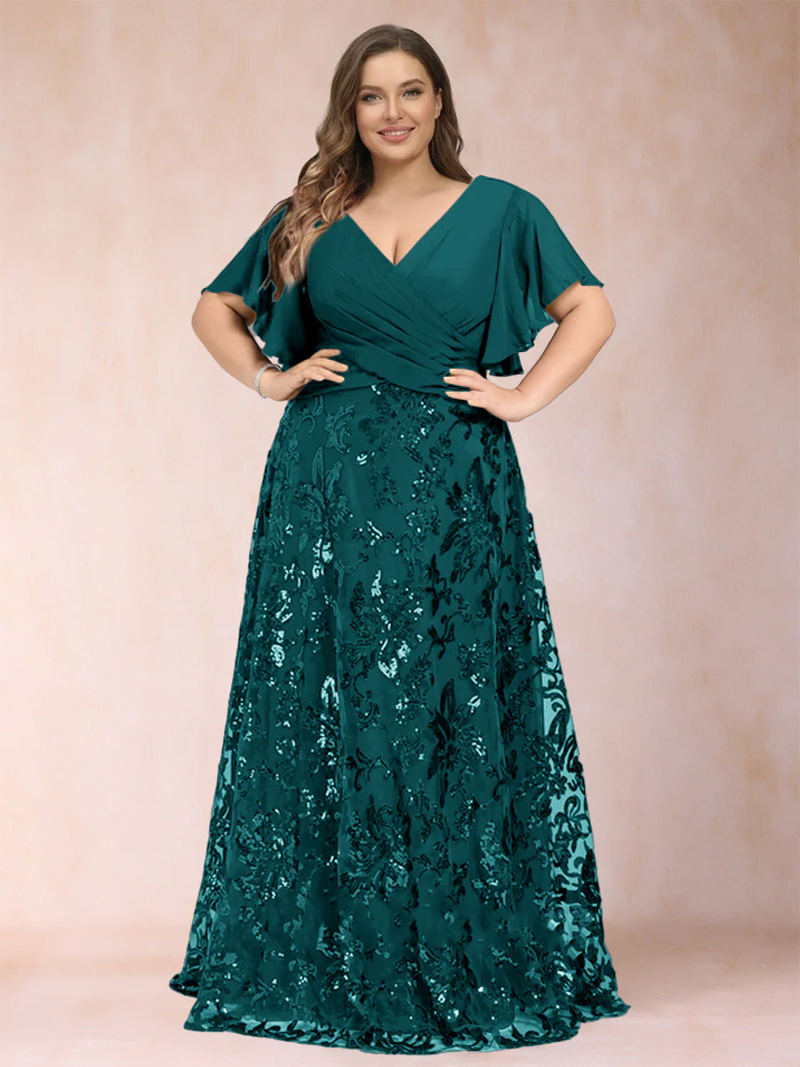 A-Line/Princess Floor-Length Short Sleeves V-Neck Plus Size Mother of the Bride Dresses - Image 50