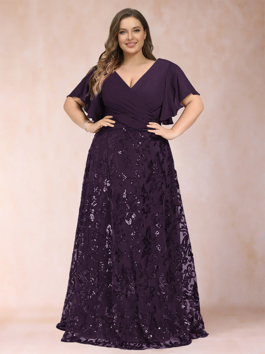 A-Line/Princess Floor-Length Short Sleeves V-Neck Plus Size Mother of the Bride Dresses - Image 53