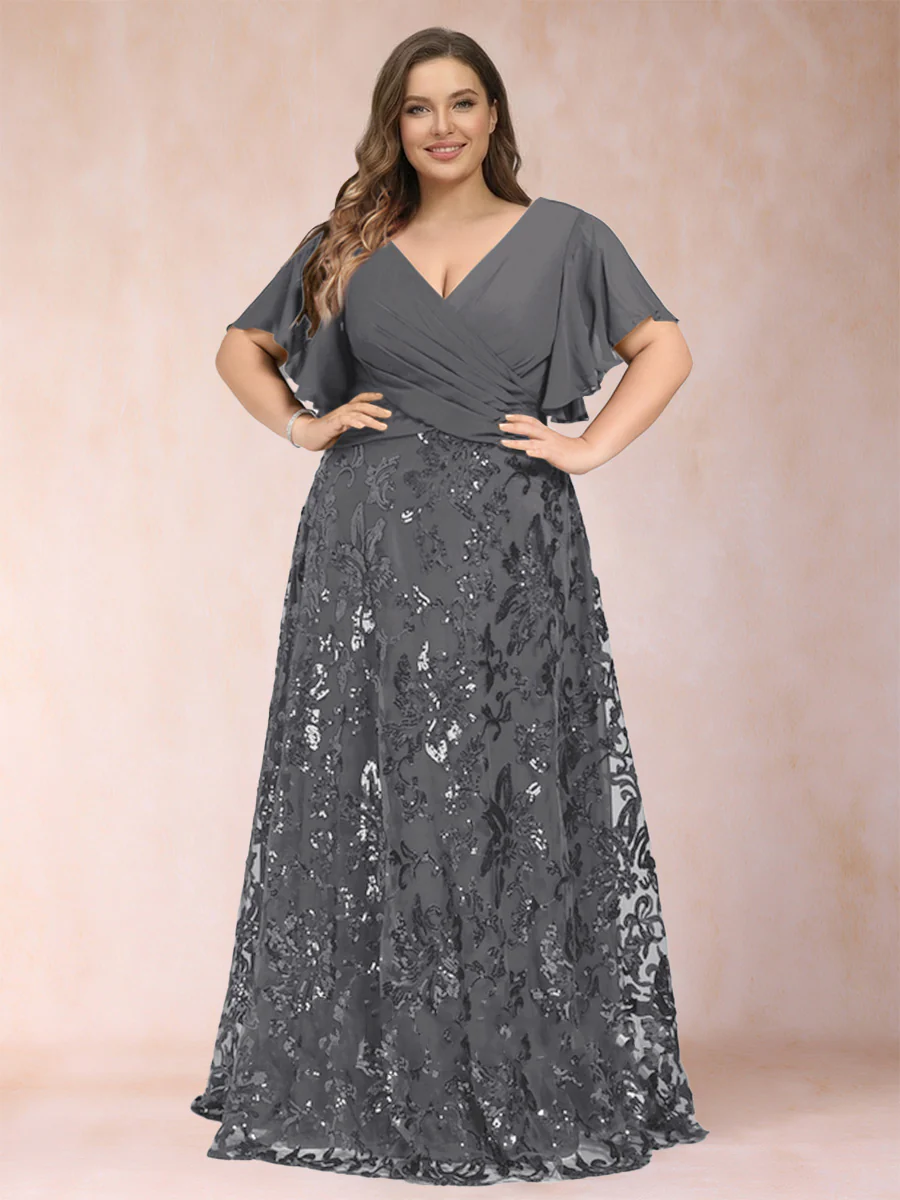 A-Line/Princess Floor-Length Short Sleeves V-Neck Plus Size Mother of the Bride Dresses - Image 61