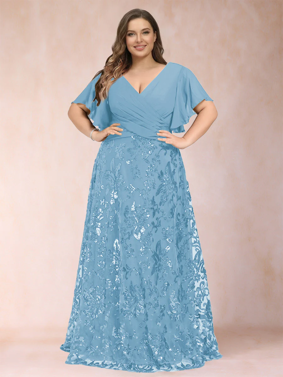 A-Line/Princess Floor-Length Short Sleeves V-Neck Plus Size Mother of the Bride Dresses - Image 62