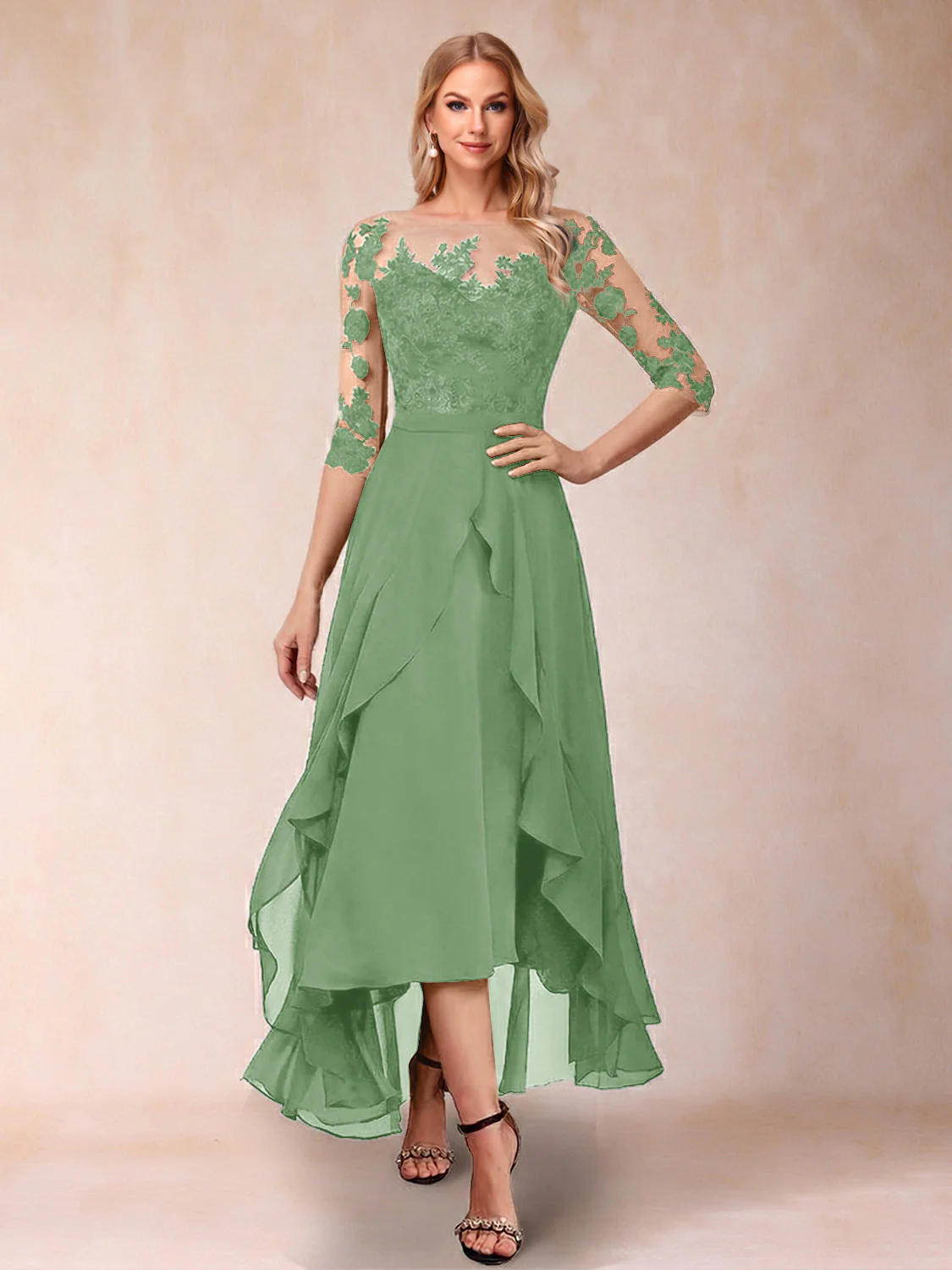 A-Line/Princess Half Sleeves Asymmetrical Mother of the Bride Dresses with Ruffles & Embroidery - Image 10