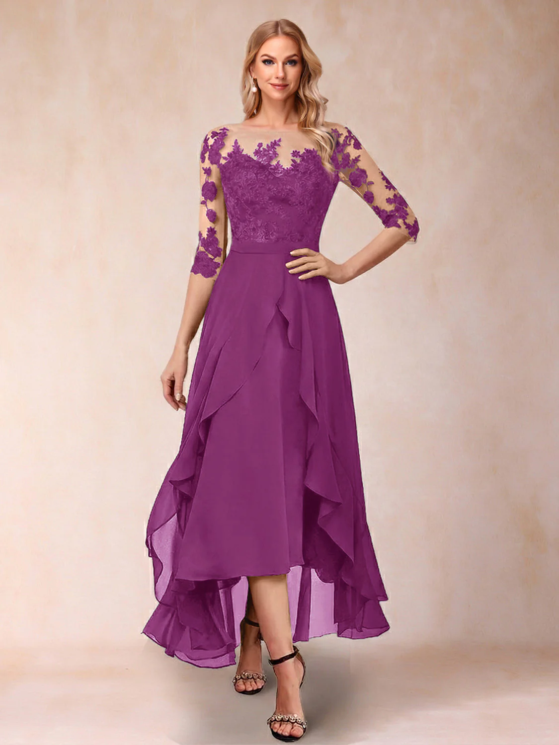 A-Line/Princess Half Sleeves Asymmetrical Mother of the Bride Dresses with Ruffles & Embroidery - Image 23