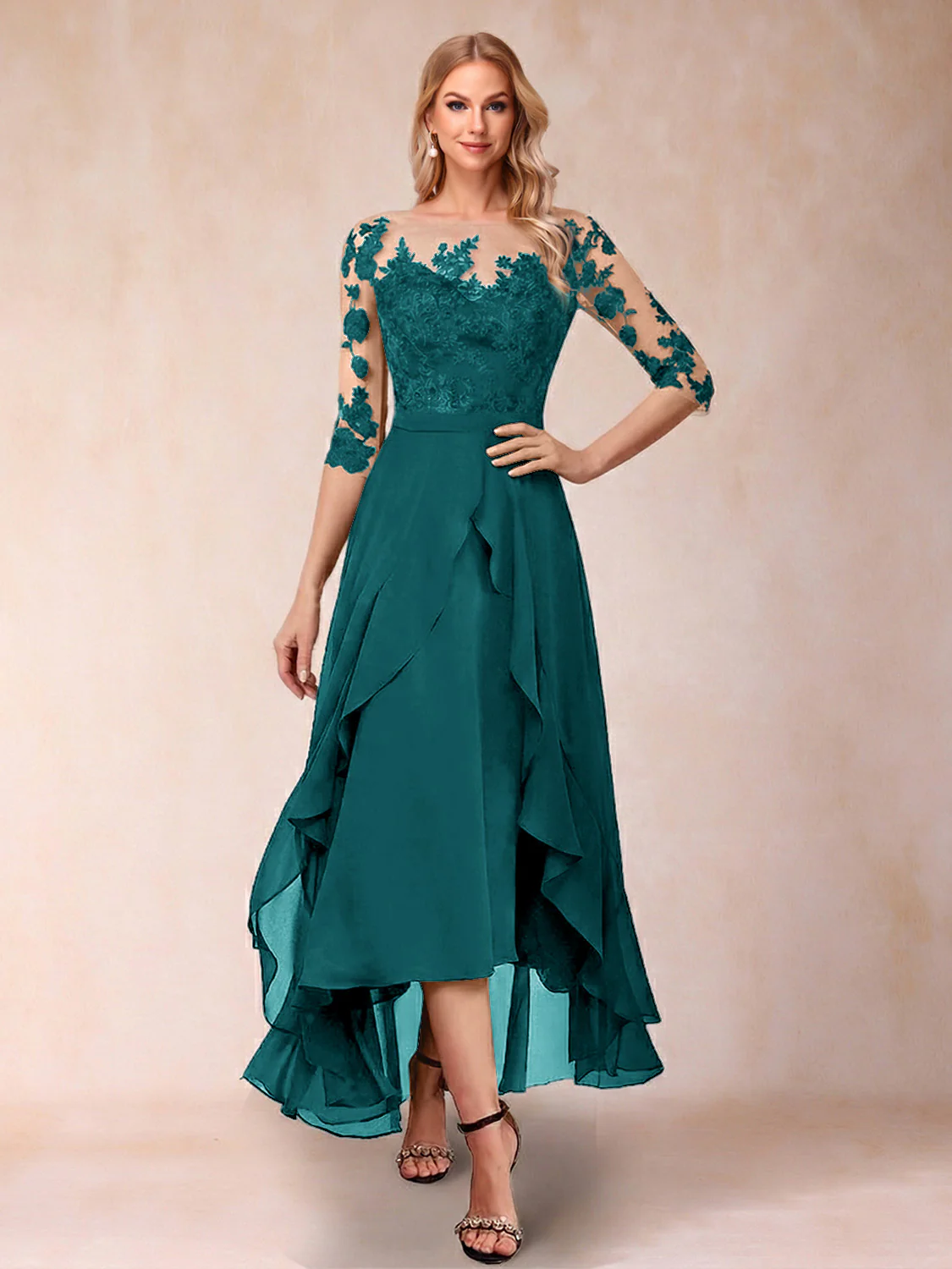 A-Line/Princess Half Sleeves Asymmetrical Mother of the Bride Dresses with Ruffles & Embroidery - Image 60