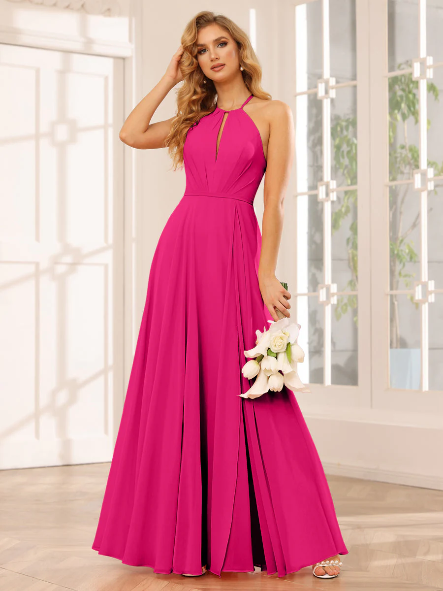A-Line/Princess Halter Long Bridesmaid Dresses with Split Side - Image 33