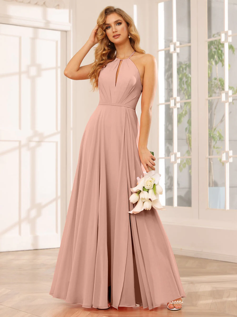A-Line/Princess Halter Long Bridesmaid Dresses with Split Side - Image 7