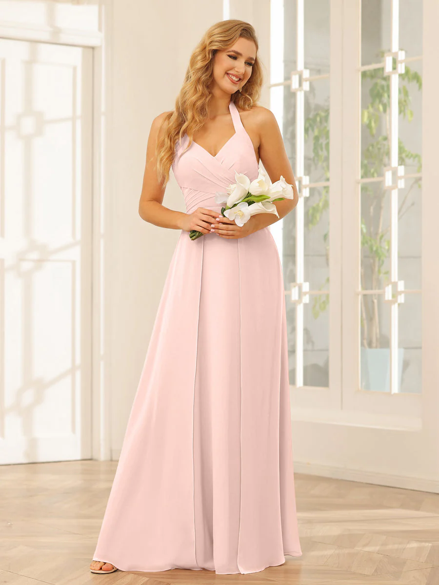 A-Line/Princess Halter Long Bridesmaid Dresses with Split Side - Image 27