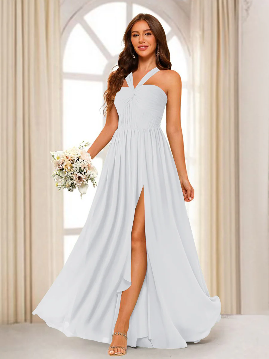 A-Line/Princess Halter Long Bridesmaid Dresses with Split Side - Image 14