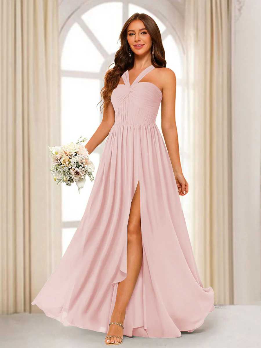 A-Line/Princess Halter Long Bridesmaid Dresses with Split Side - Image 21