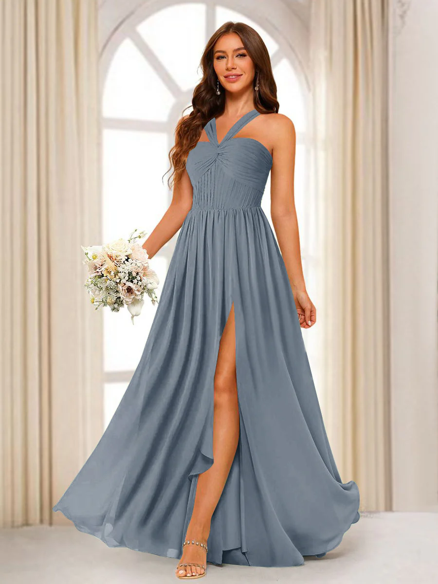 A-Line/Princess Halter Long Bridesmaid Dresses with Split Side - Image 4