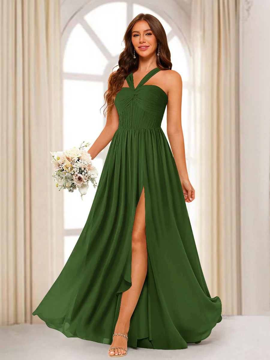 A-Line/Princess Halter Long Bridesmaid Dresses with Split Side - Image 59