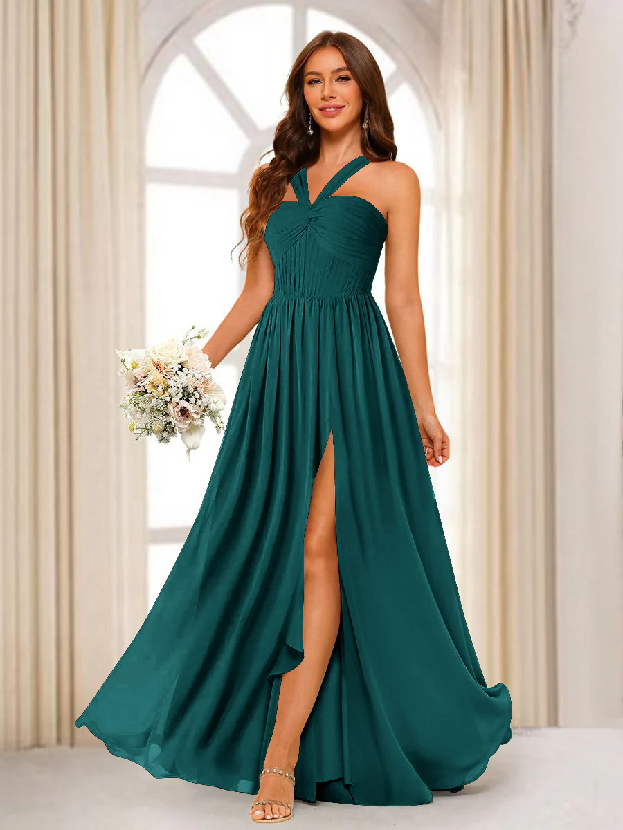 A-Line/Princess Halter Long Bridesmaid Dresses with Split Side - Image 60