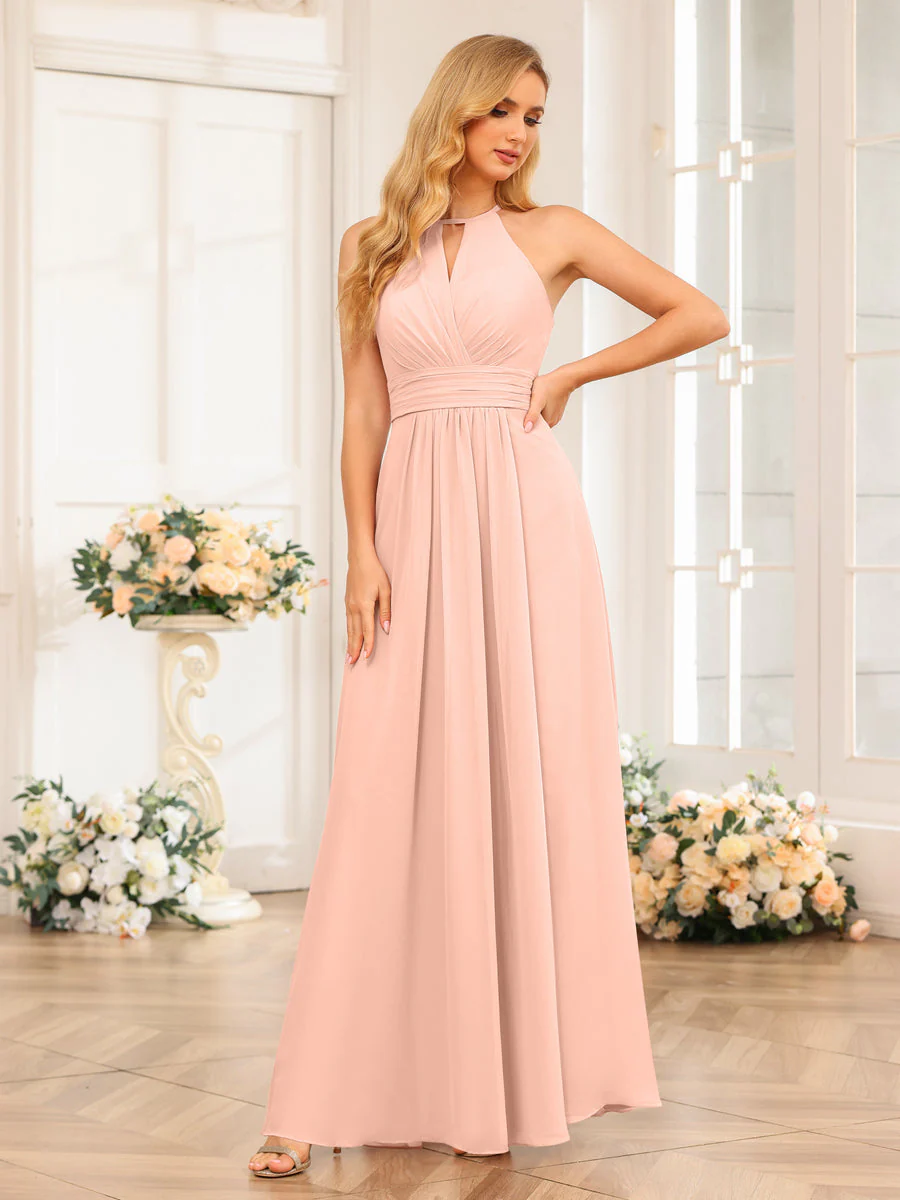A-Line/Princess Halter Long Wedding Party Dresses with Split Side - Image 31
