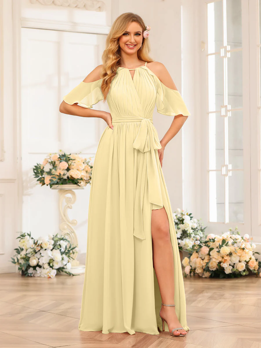 A-Line/Princess Halter Long Wedding Party Dresses with Split Side & Sash - Image 70