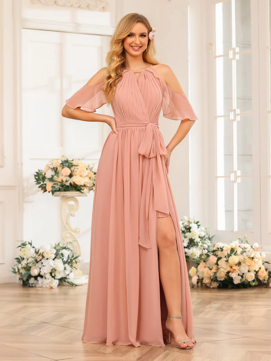 A-Line/Princess Halter Long Wedding Party Dresses with Split Side & Sash - Image 9