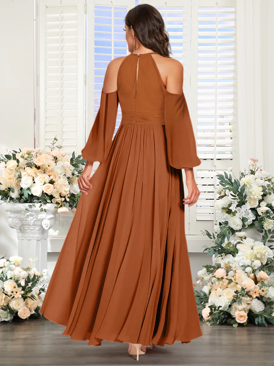 A-Line/Princess Halter Off-the-Shoulder Long Sleeves Bridesmaid Dresses with Split Side - Image 2