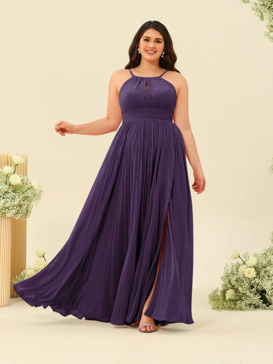 A-Line/Princess Halter Plus Size Long Bridesmaid Dresses with Split Side & Ruffles - Image 25