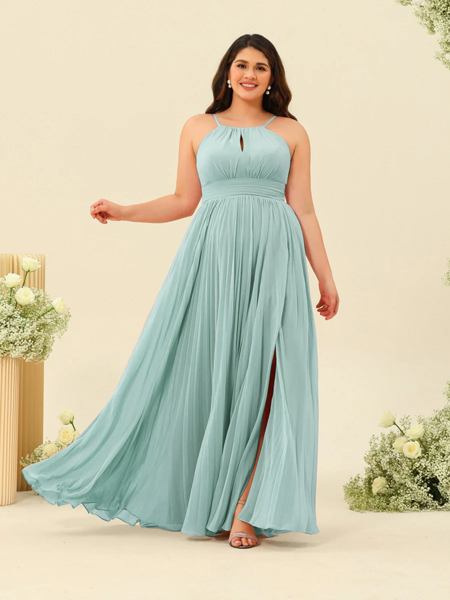 A-Line/Princess Halter Plus Size Long Bridesmaid Dresses with Split Side & Ruffles - Image 41